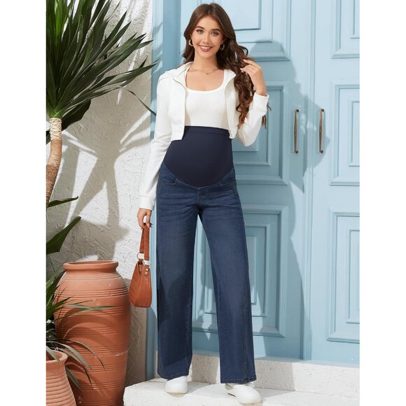 Women's Maternity Wide Leg Jeans Stretchy Denim Pregnancy Pants 31'' Inseam - Picture 5 of 6